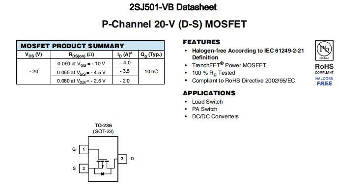 2SJ501-VB一种P—Channel沟道SOT23封装MOS管