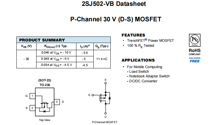 2SJ502-VB一种P—Channel沟道SOT23封装MOS管