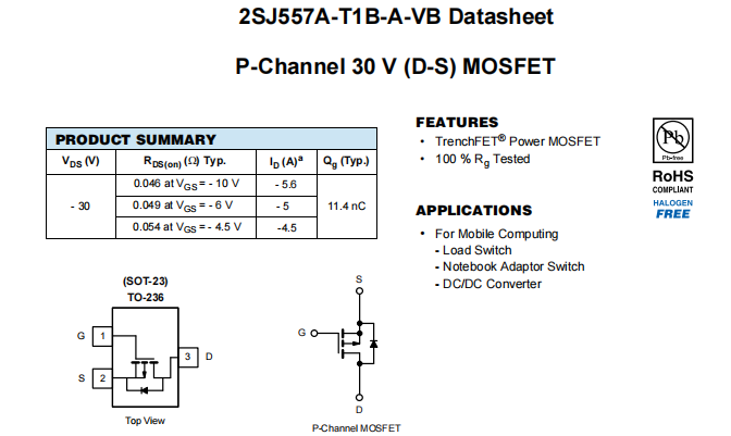 2SJ557A-T1B-A-VB一种P—Channel沟道SOT23封装MOS管