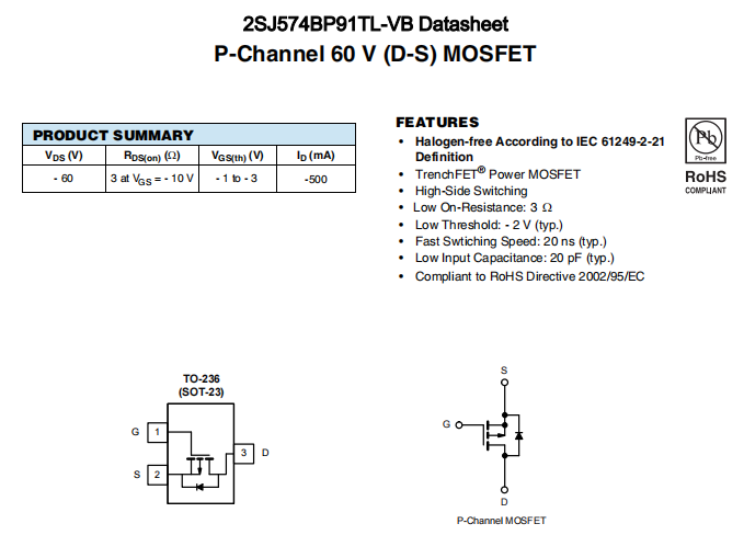 2SJ574BP91TL-VB一种P—Channel沟道SOT23封装MOS管