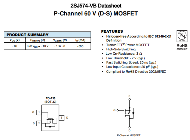 2SJ574-VB一种P—Channel沟道SOT23封装MOS管