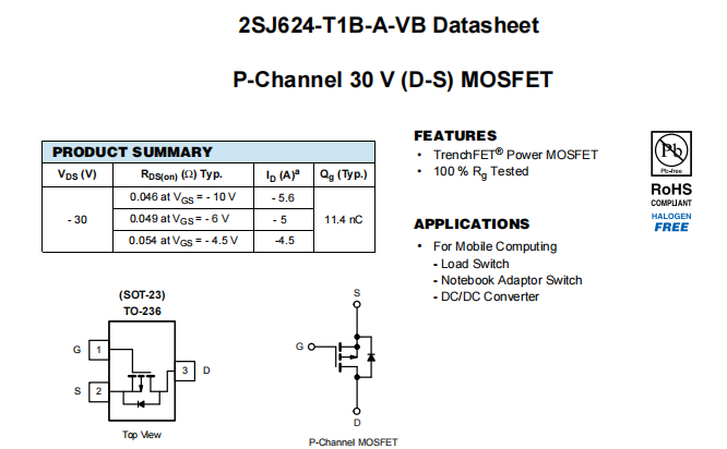 2SJ624-T1B-A-VB一种P—Channel沟道SOT23封装MOS管