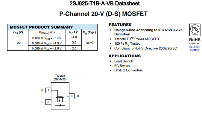 2SJ625-T1B-A-VB一种P—Channel沟道SOT23封装MOS管