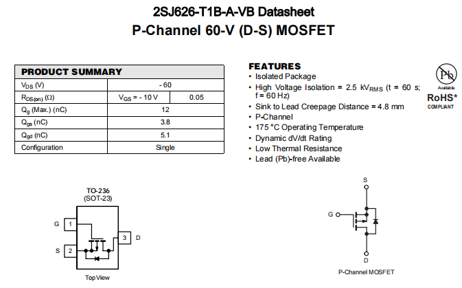 2SJ626-T1B-A-VB一种P—Channel沟道SOT23封装MOS管