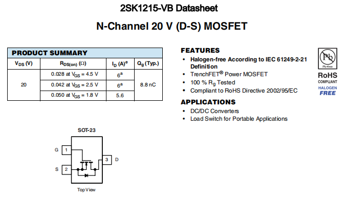 2SK1215-VB一种N—Channel沟道SOT23封装MOS管