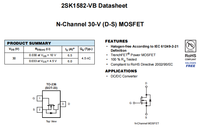 2SK1582-VB一种N—Channel沟道SOT23封装MOS管