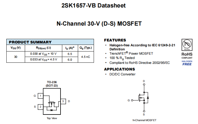 2SK1657-VB一种N—Channel沟道SOT23封装MOS管