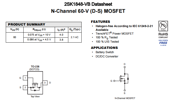 2SK1848-VB一种N—Channel沟道SOT23封装MOS管