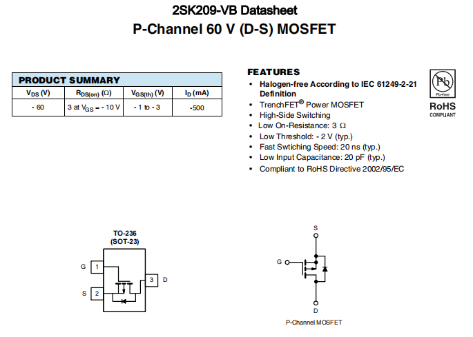 2SK209-VB一种P—Channel沟道SOT23封装MOS管