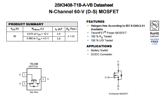 2SK3408-T1B-A-VB一种N—Channel沟道SOT23封装MOS管