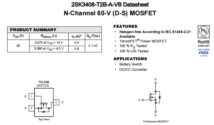 2SK3408-T2B-A-VB一种N—Channel沟道SOT23封装MOS管