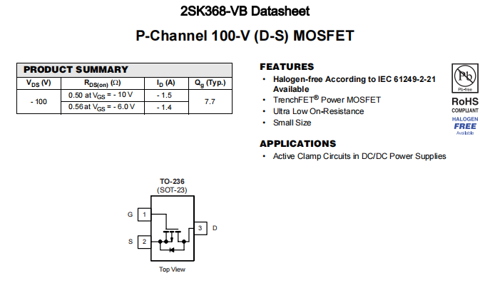 2SK368-VB一种P—Channel沟道SOT23封装MOS管