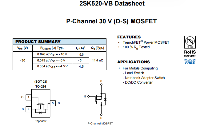 2SK520-VB一种P—Channel沟道SOT23封装MOS管