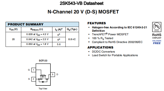 2SK543-VB一种N—Channel沟道SOT23封装MOS管