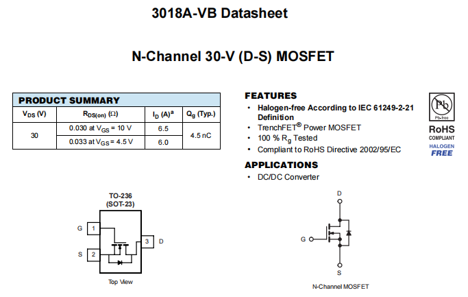 3018A-VB一种N—Channel沟道SOT23封装MOS管