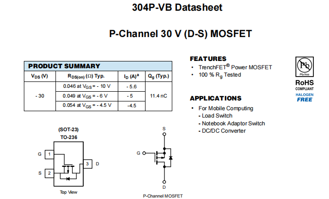 304P-VB一种P—Channel沟道SOT23封装MOS管