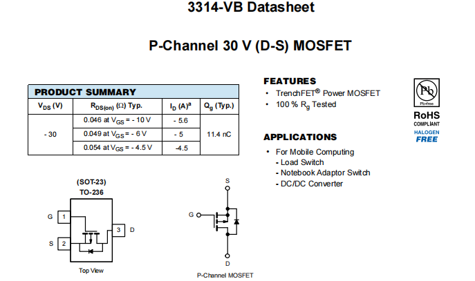 3314-VB一种P—Channel沟道SOT23封装MOS管