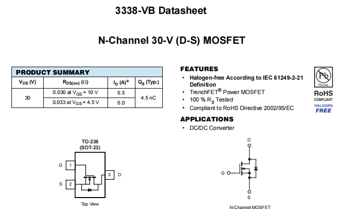 3338-VB一种N—Channel沟道SOT23封装MOS管