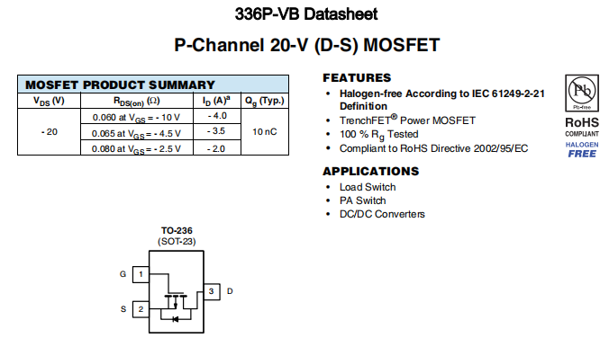 336P-VB一种P—Channel沟道SOT23封装MOS管