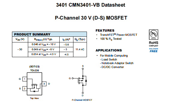 3401-CMN3401-VB一种P—Channel沟道SOT23封装MOS管