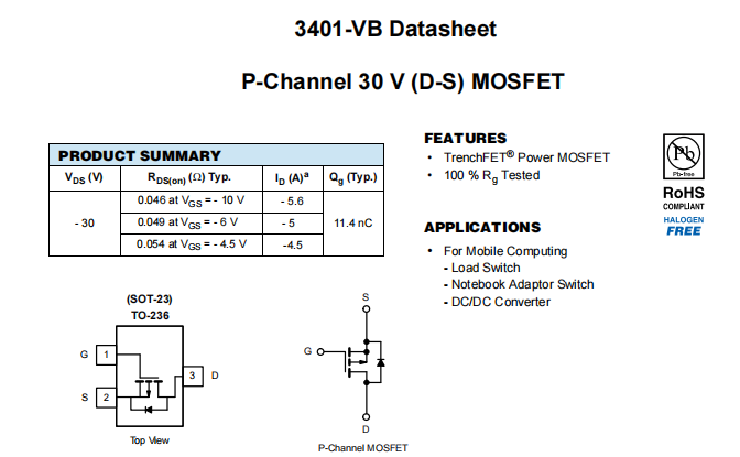 3401-VB一种P—Channel沟道SOT23封装MOS管