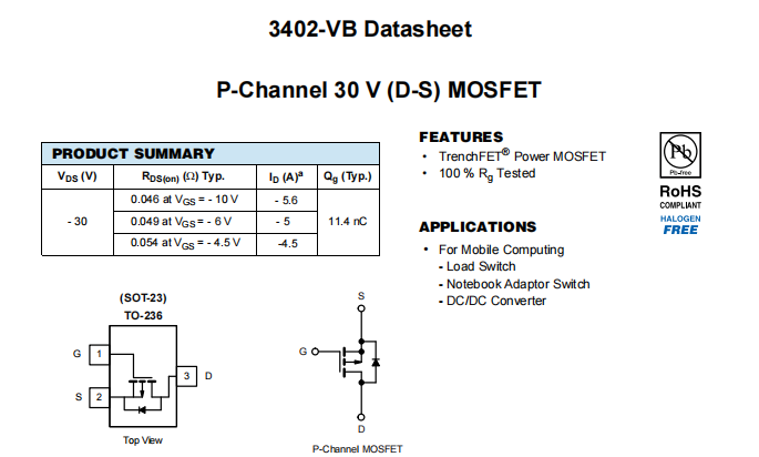 3402-VB一种P—Channel沟道SOT23封装MOS管