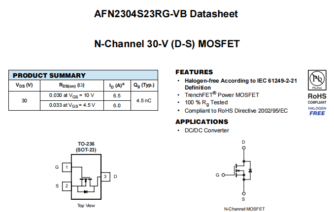 AFN2304S23RG-VB一种N—Channel沟道SOT23封装MOS管