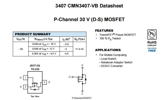 3407-CMN3407-VB一种P—Channel沟道SOT23封装MOS管