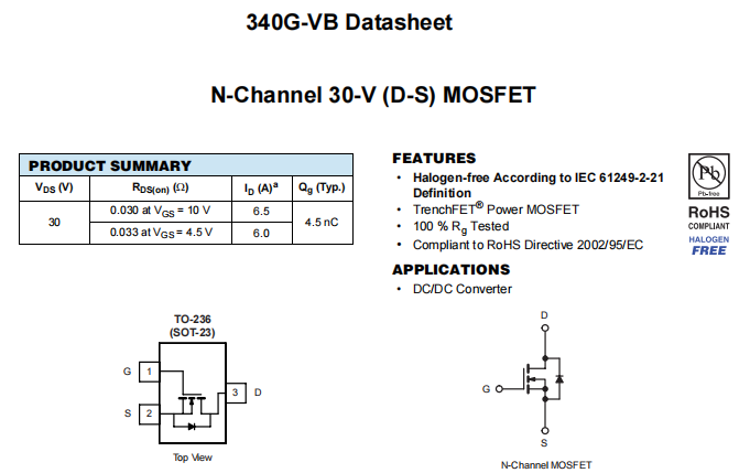 340G-VB一种N—Channel沟道SOT23封装MOS管