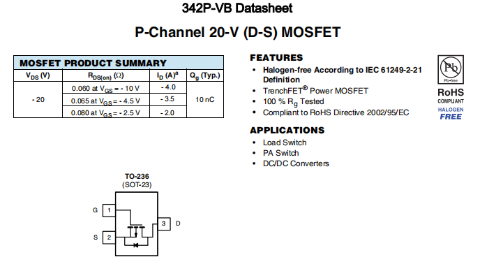 342P-VB一种P—Channel沟道SOT23封装MOS管