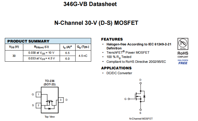 346G-VB一种N—Channel沟道SOT23封装MOS管