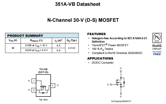 351A-VB一种N—Channel沟道SOT23封装MOS管