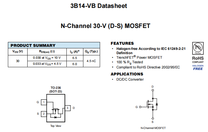 3B14-VB一种N—Channel沟道SOT23封装MOS管