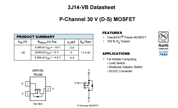 3J14-VB一种P—Channel沟道SOT23封装MOS管