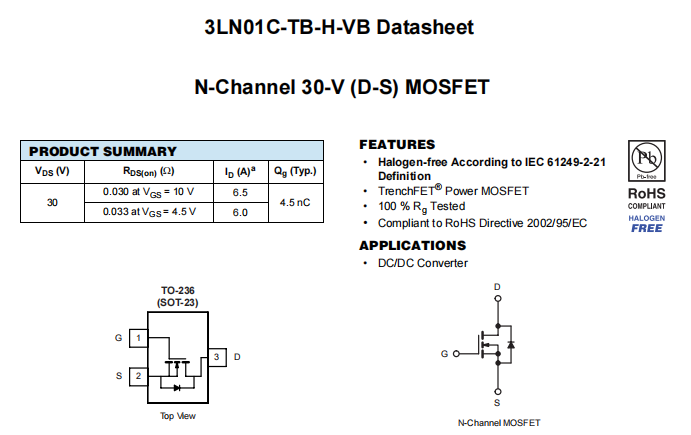 3LN01C-TB-H-VB一种N—Channel沟道SOT23封装MOS管