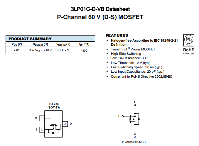 3LP01C-D-VB一种P—Channel沟道SOT23封装MOS管