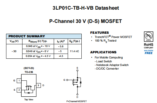 3LP01C-TB-H-VB一种P—Channel沟道SOT23封装MOS管