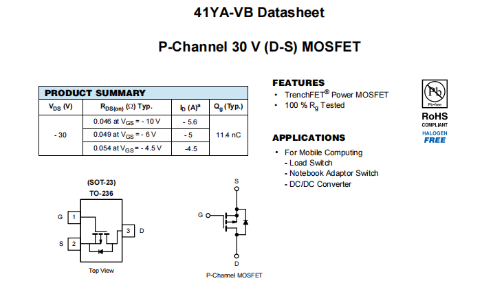 41YA-VB一种P—Channel沟道SOT23封装MOS管