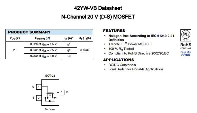 42YW-VB一种N—Channel沟道SOT23封装MOS管