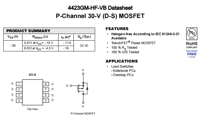 4423GM-HF-VB一种P—Channel沟道SOP8封装MOS管