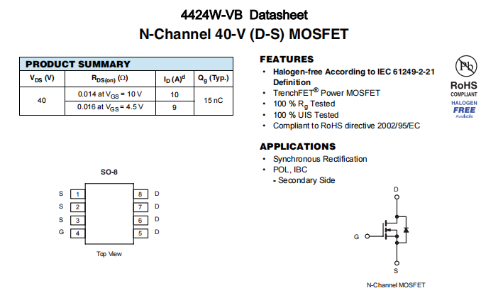 4424W-VB一种N—Channel沟道SOP8封装MOS管