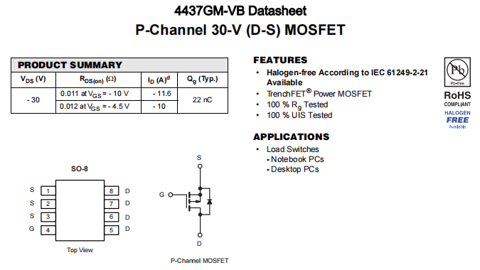 4437GM-VB一种P—Channel沟道SOP8封装MOS管