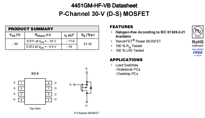 4451GM-HF-VB一种P—Channel沟道SOP8封装MOS管