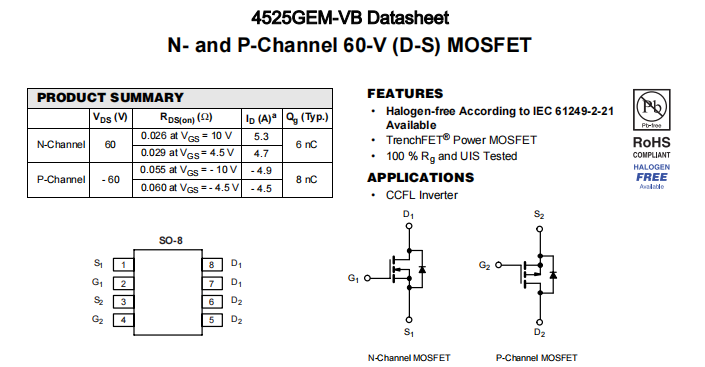 4525GEM-VB一种N+P—Channel沟道SOP8封装MOS管