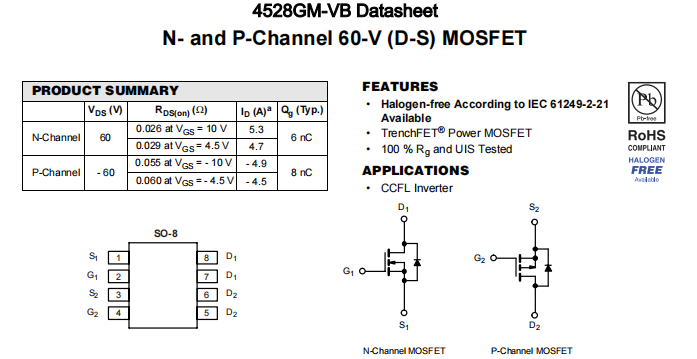 4528GM-VB一种N+P—Channel沟道SOP8封装MOS管