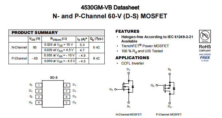 4530GM-VB一种N+P—Channel沟道SOP8封装MOS管