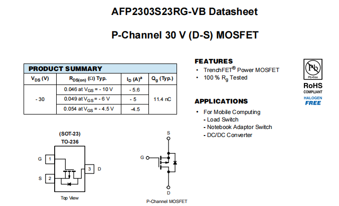 AFP2303S23RG-VB一种P—Channel沟道SOT23封装MOS管