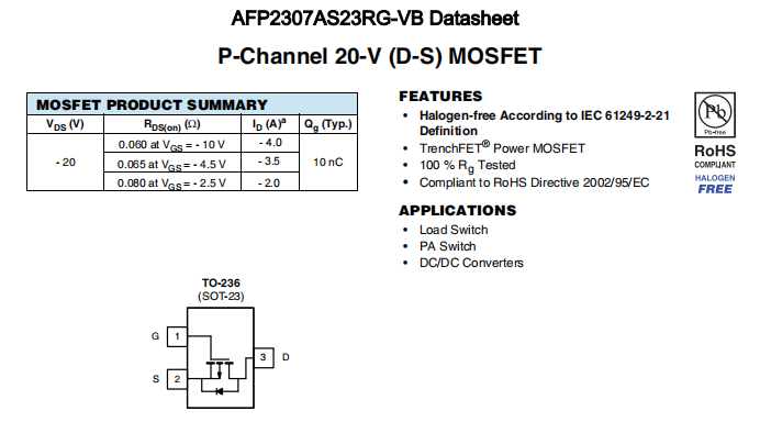 AFP2307AS23RG-VB一种P—Channel沟道SOT23封装MOS管