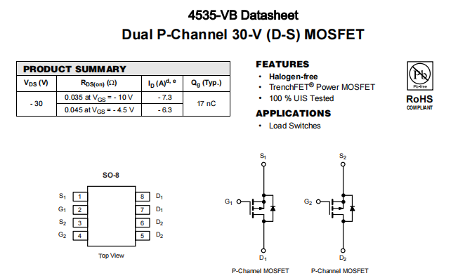 4535-VB一种2个P—Channel沟道SOP8封装MOS管