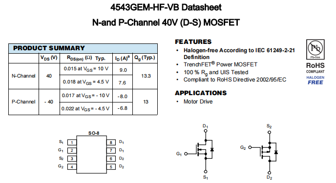 4543GEM-HF-VB一种N+P—Channel沟道SOP8封装MOS管